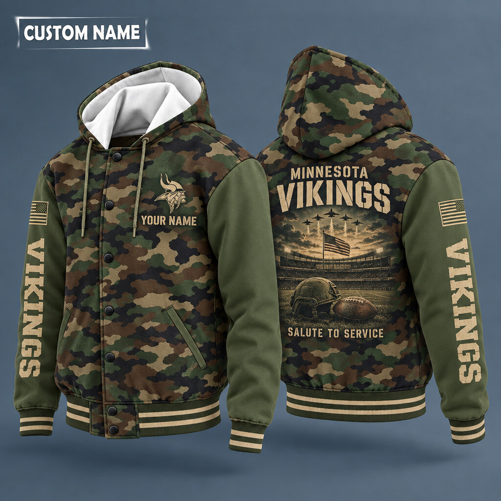 Minnesota Vikings Salute To Service Hooded Letterman Jacket Custom Name POA1HP