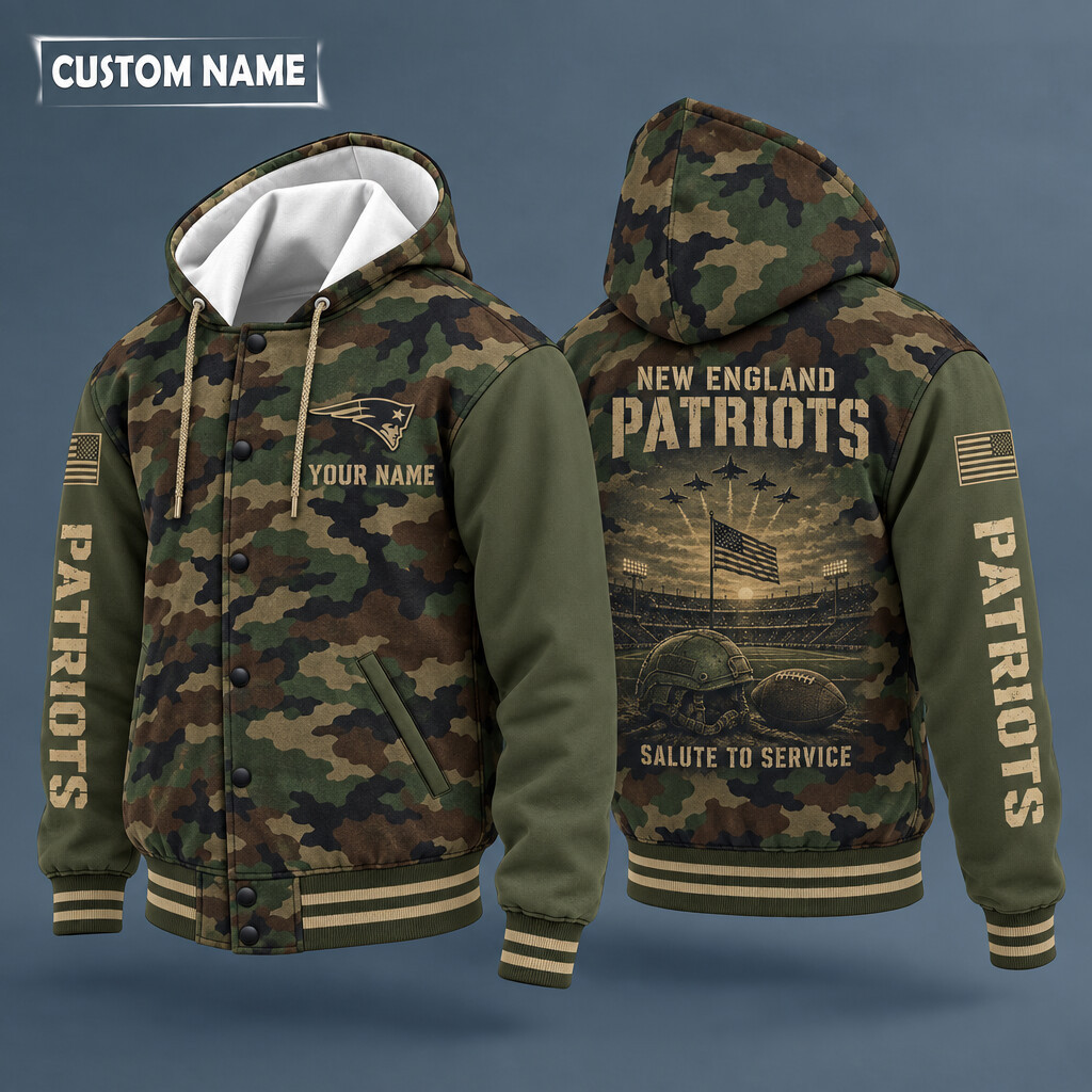New England Patriots Salute To Service Hooded Letterman Jacket Custom Name PVBGLB