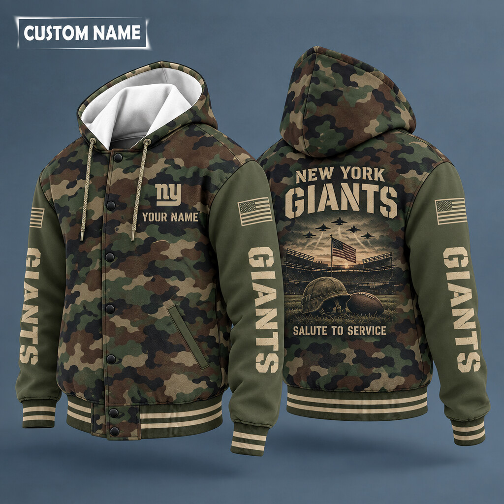 New York Giants Salute To Service Hooded Letterman Jacket Custom Name PKMXO2