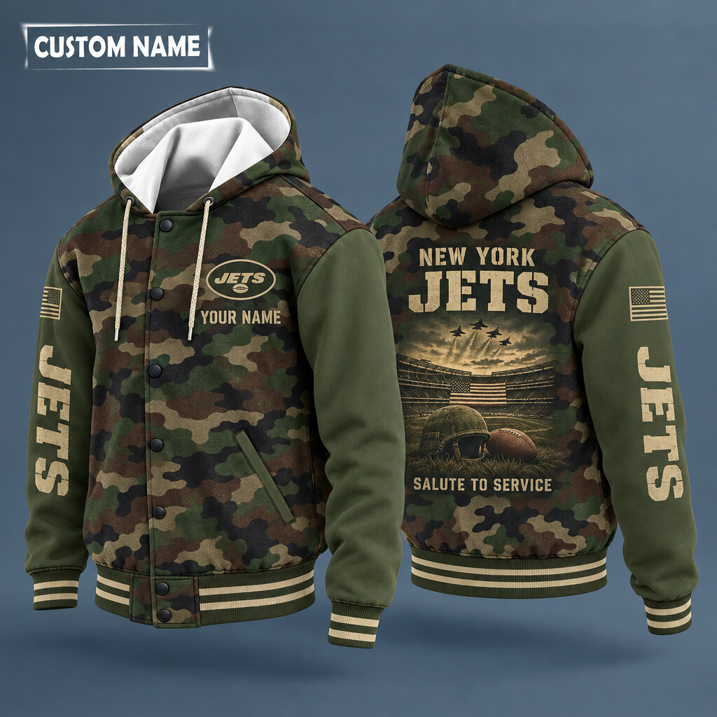 New York Jets Salute To Service Hooded Letterman Jacket Custom Name PT7NLZ