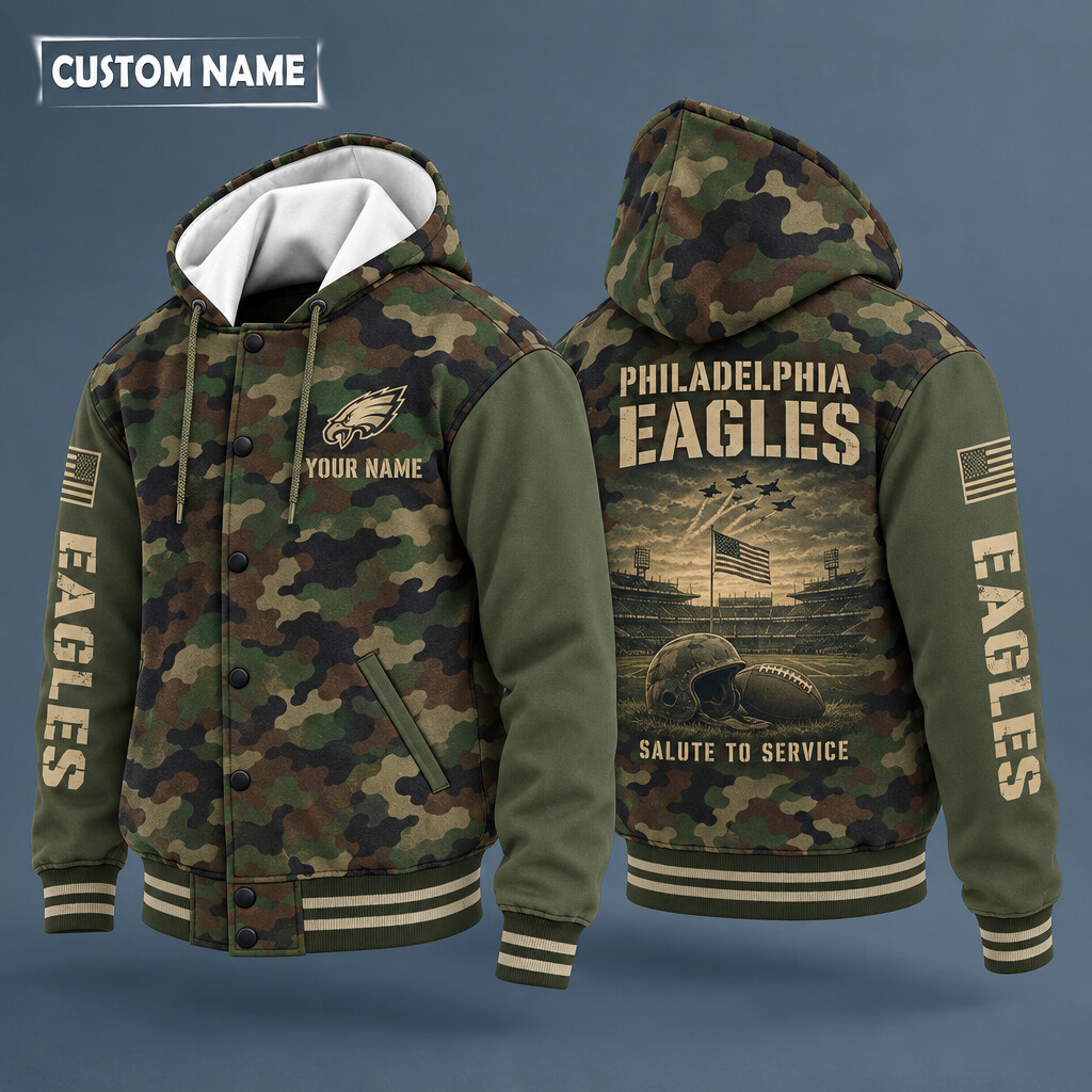 Philadelphia Eagles Salute To Service Hooded Letterman Jacket Custom Name PUQPM8