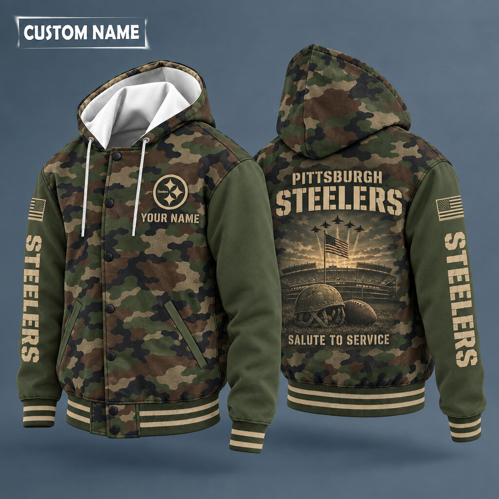 Pittsburgh Steelers Salute To Service Hooded Letterman Jacket Custom Name PINONO