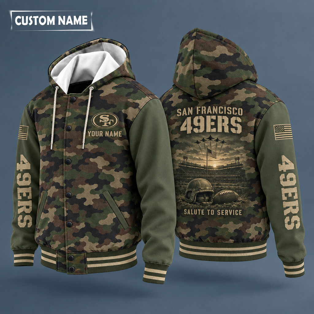 San Francisco 49ers Salute To Service Hooded Letterman Jacket Custom Name PRB3J0