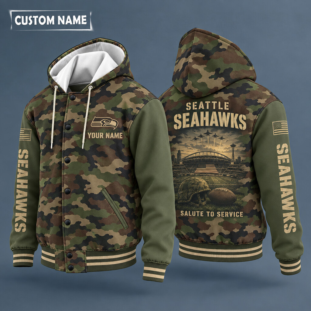 Seattle Seahawks Salute To Service Hooded Letterman Jacket Custom Name PCIBZV
