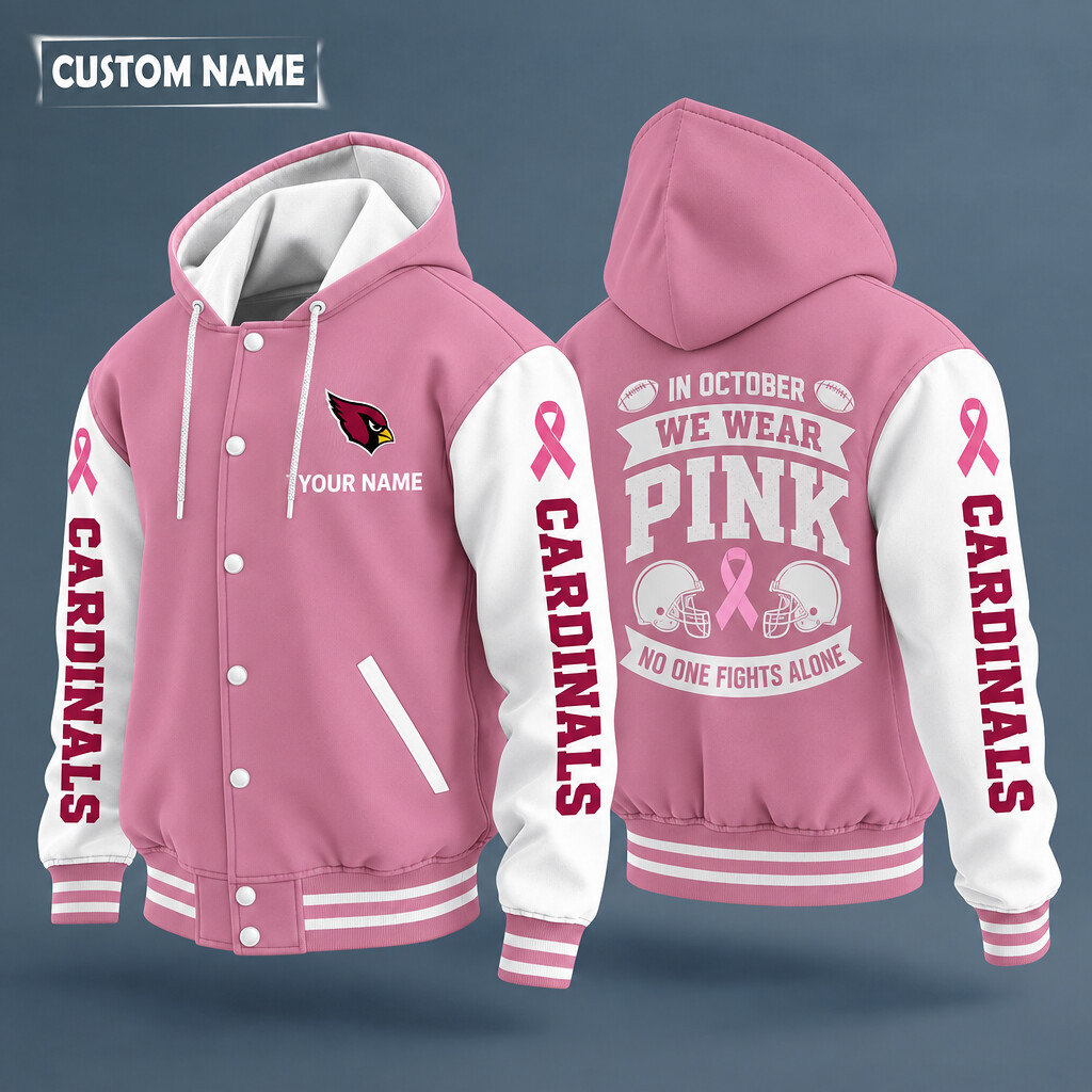 Arizona Cardinals Pink October No One Fights Alone Hooded Letterman Jacket Custom Name PI1J8O
