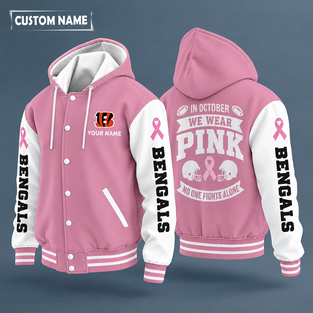 Cincinnati Bengals Pink October No One Fights Alone Hooded Letterman Jacket Custom Name PKJN0W