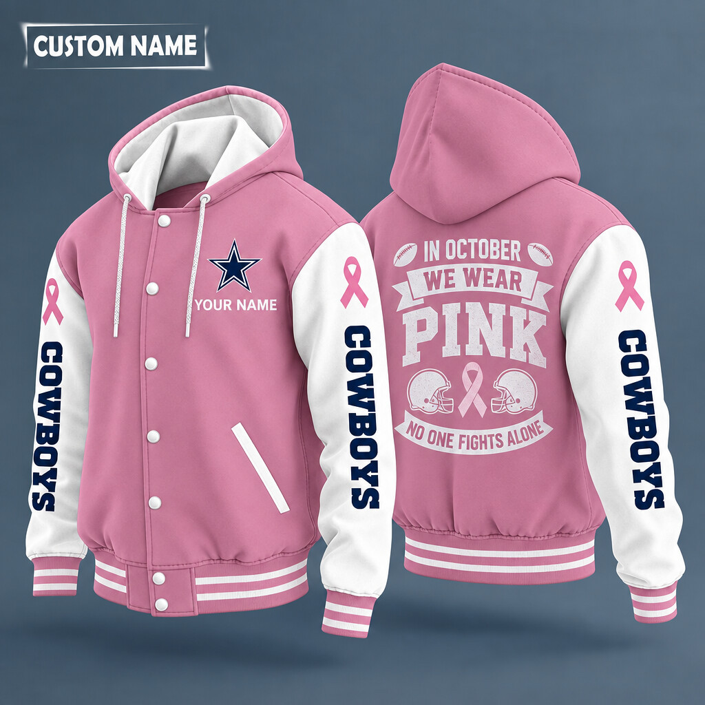 Dallas Cowboys Pink October No One Fights Alone Hooded Letterman Jacket Custom Name PT7F39