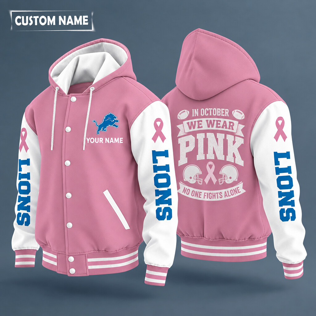 Detroit Lions Pink October No One Fights Alone Hooded Letterman Jacket Custom Name PHRFEJ