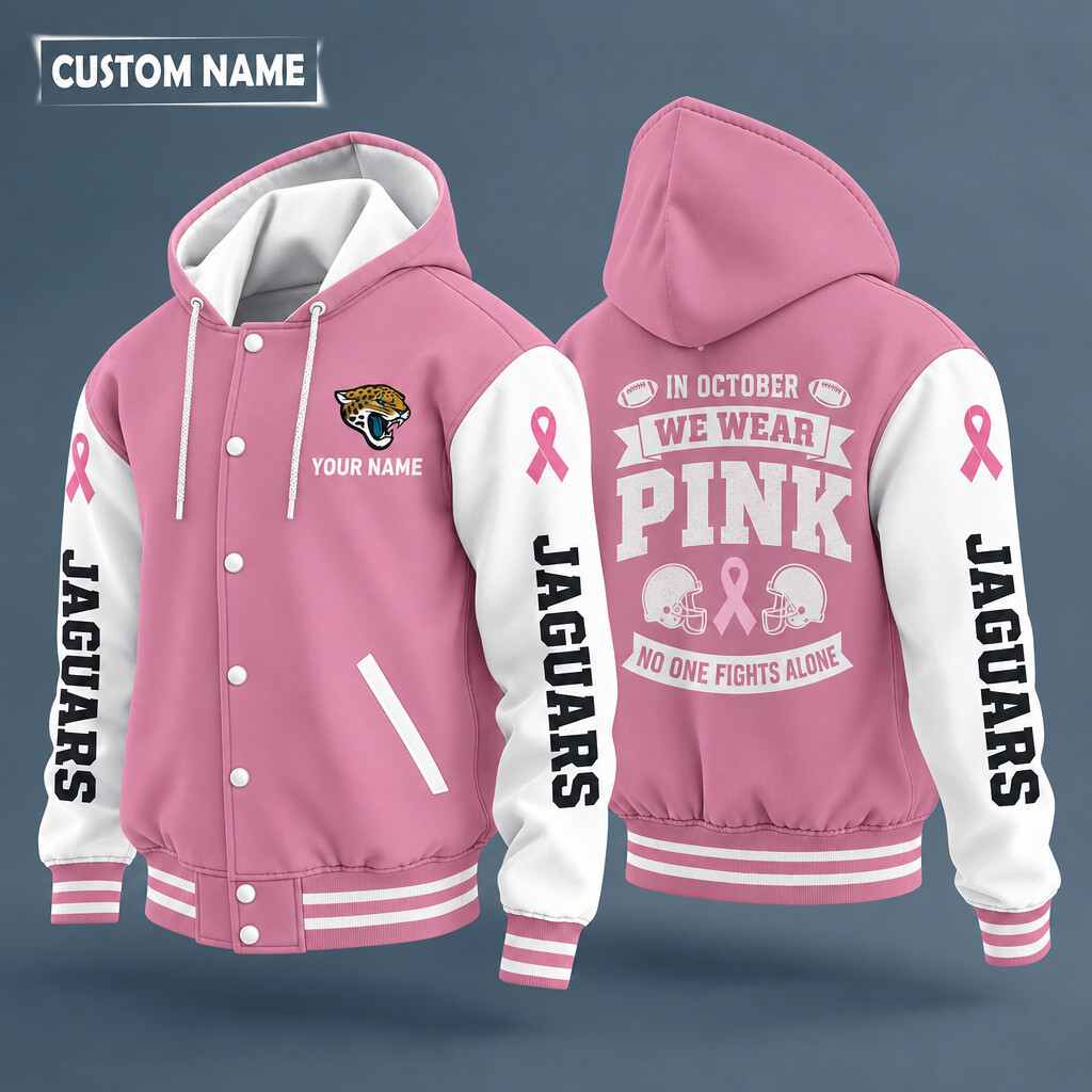 Jacksonville Jaguars Pink October No One Fights Alone Hooded Letterman Jacket Custom Name P4CU9Q