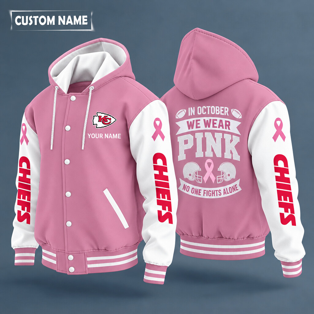 Kansas City Chiefs Pink October No One Fights Alone Hooded Letterman Jacket Custom Name PCBSPH