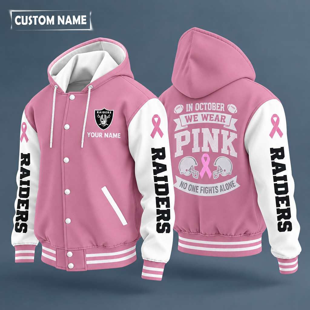 Las Vegas Raiders Pink October No One Fights Alone Hooded Letterman Jacket Custom Name PRXU38