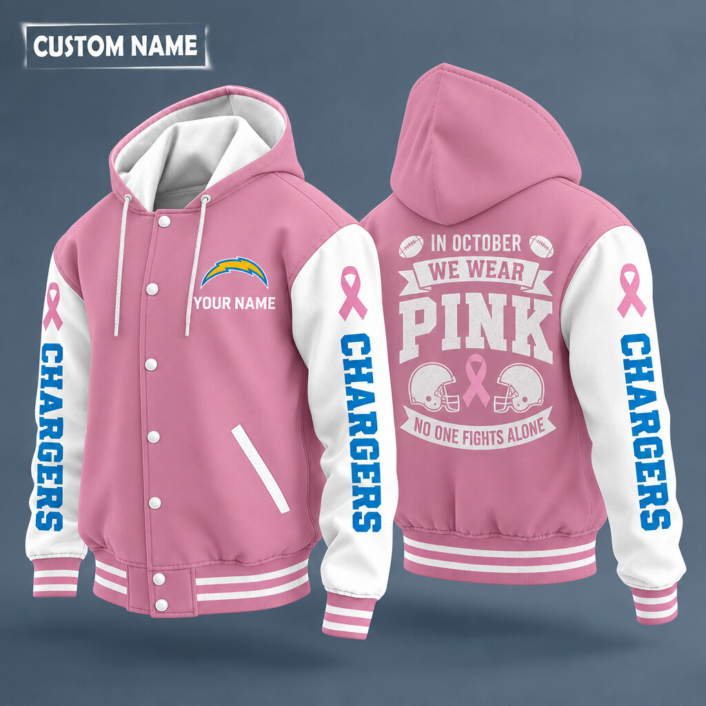 Los Angeles Chargers Pink October No One Fights Alone Hooded Letterman Jacket Custom Name PBBLUT