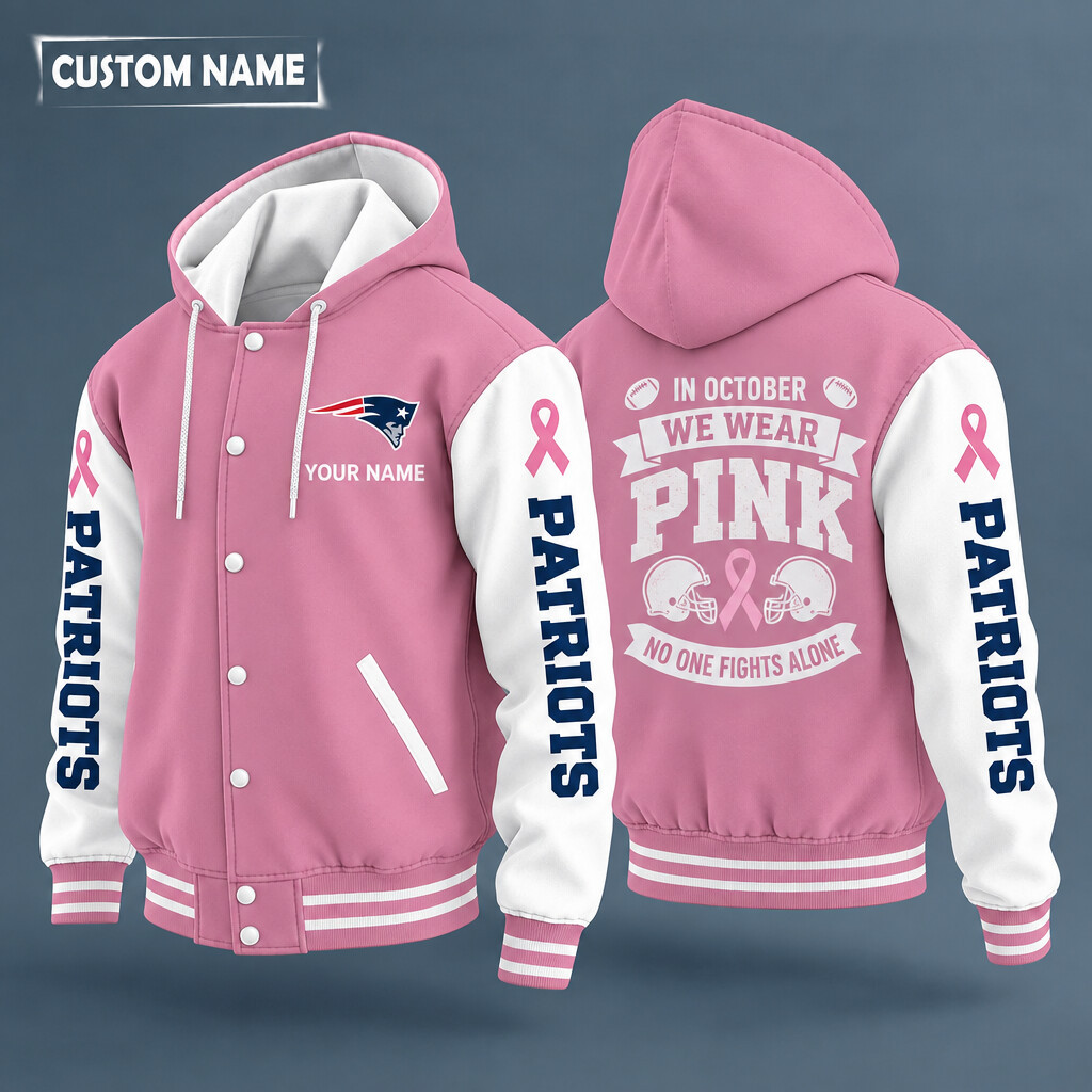 New England Patriots Pink October No One Fights Alone Hooded Letterman Jacket Custom Name P1NPO3