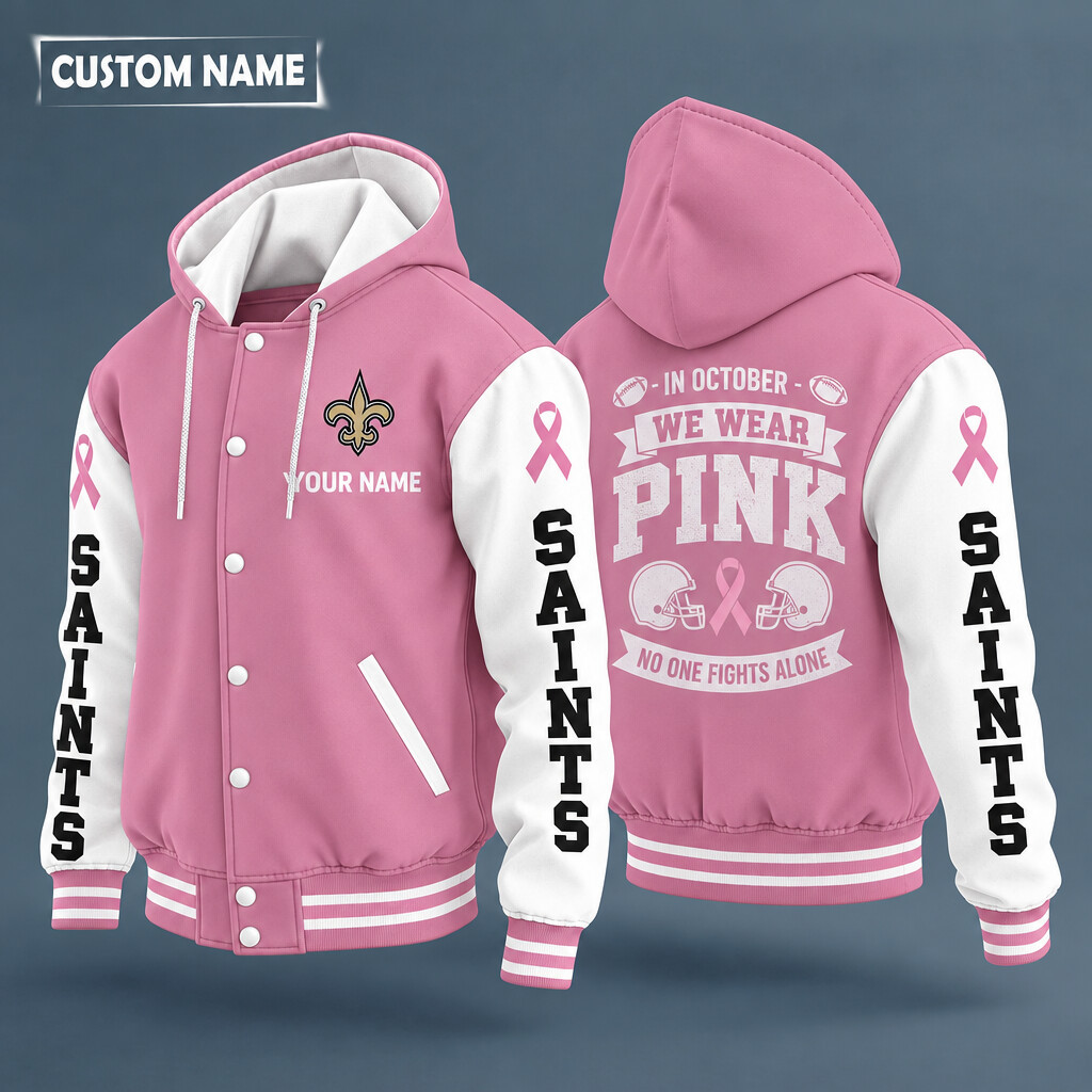 New Orleans Saints Pink October No One Fights Alone Hooded Letterman Jacket Custom Name PEORPB