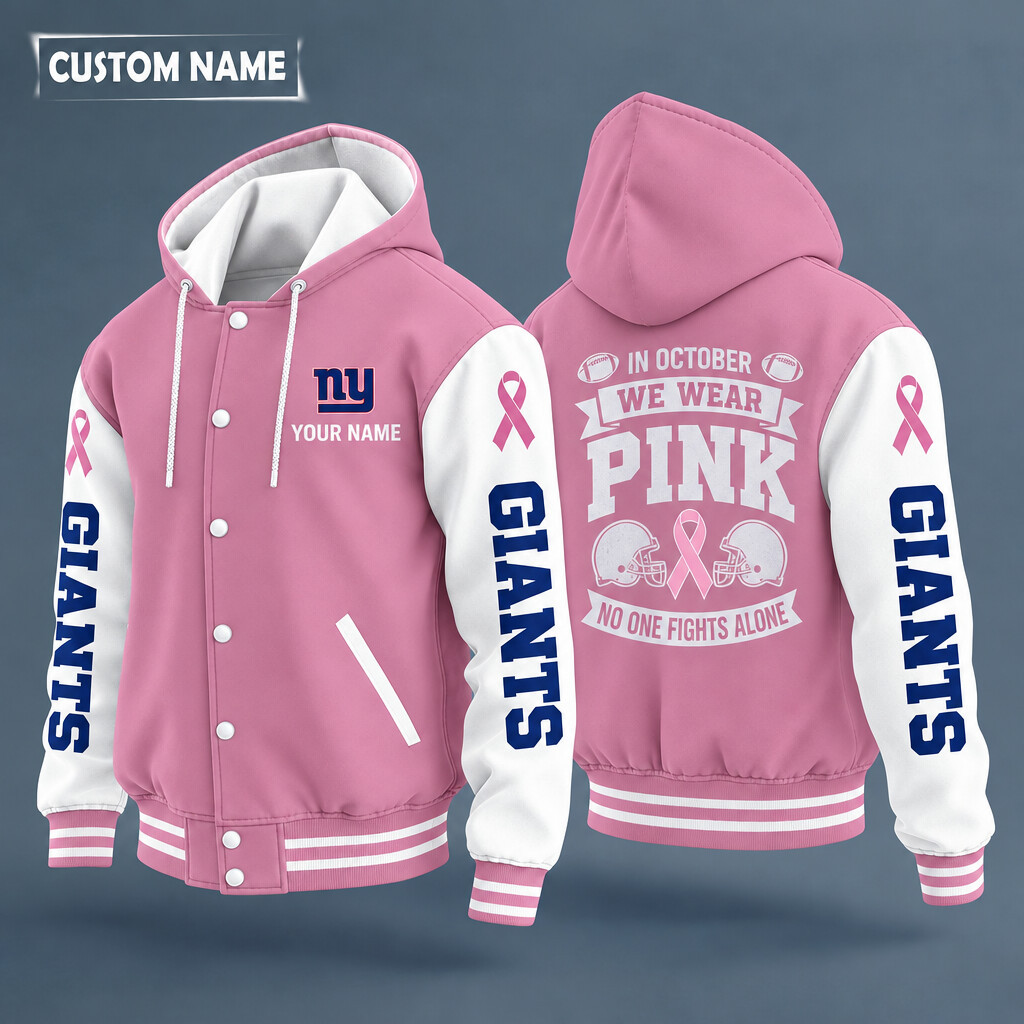 New York Giants Pink October No One Fights Alone Hooded Letterman Jacket Custom Name PU3GRU