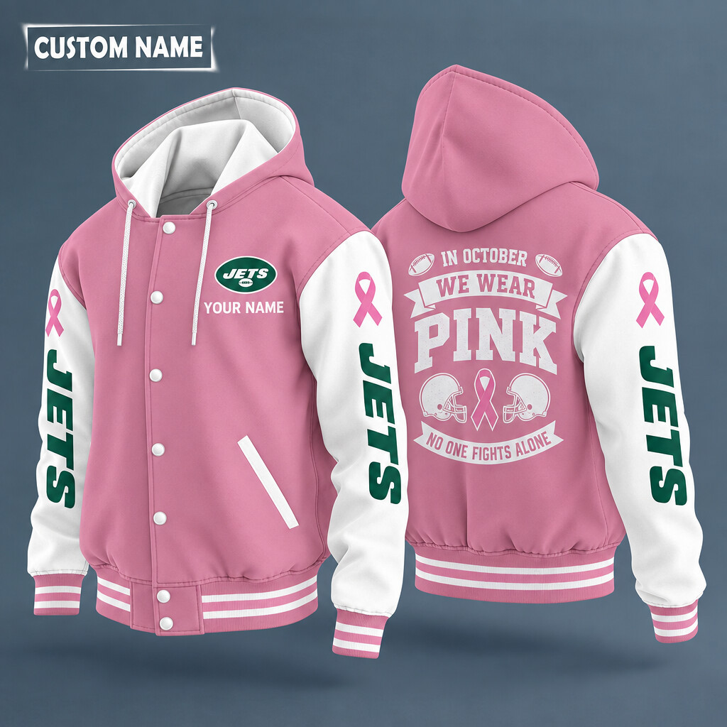 New York Jets Pink October No One Fights Alone Hooded Letterman Jacket Custom Name P4TBGI