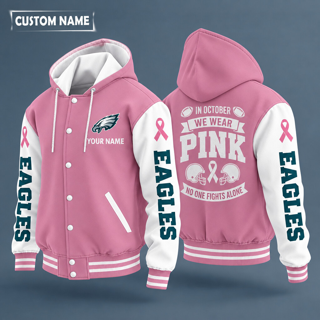 Philadelphia Eagles Pink October No One Fights Alone Hooded Letterman Jacket Custom Name PJNWT5