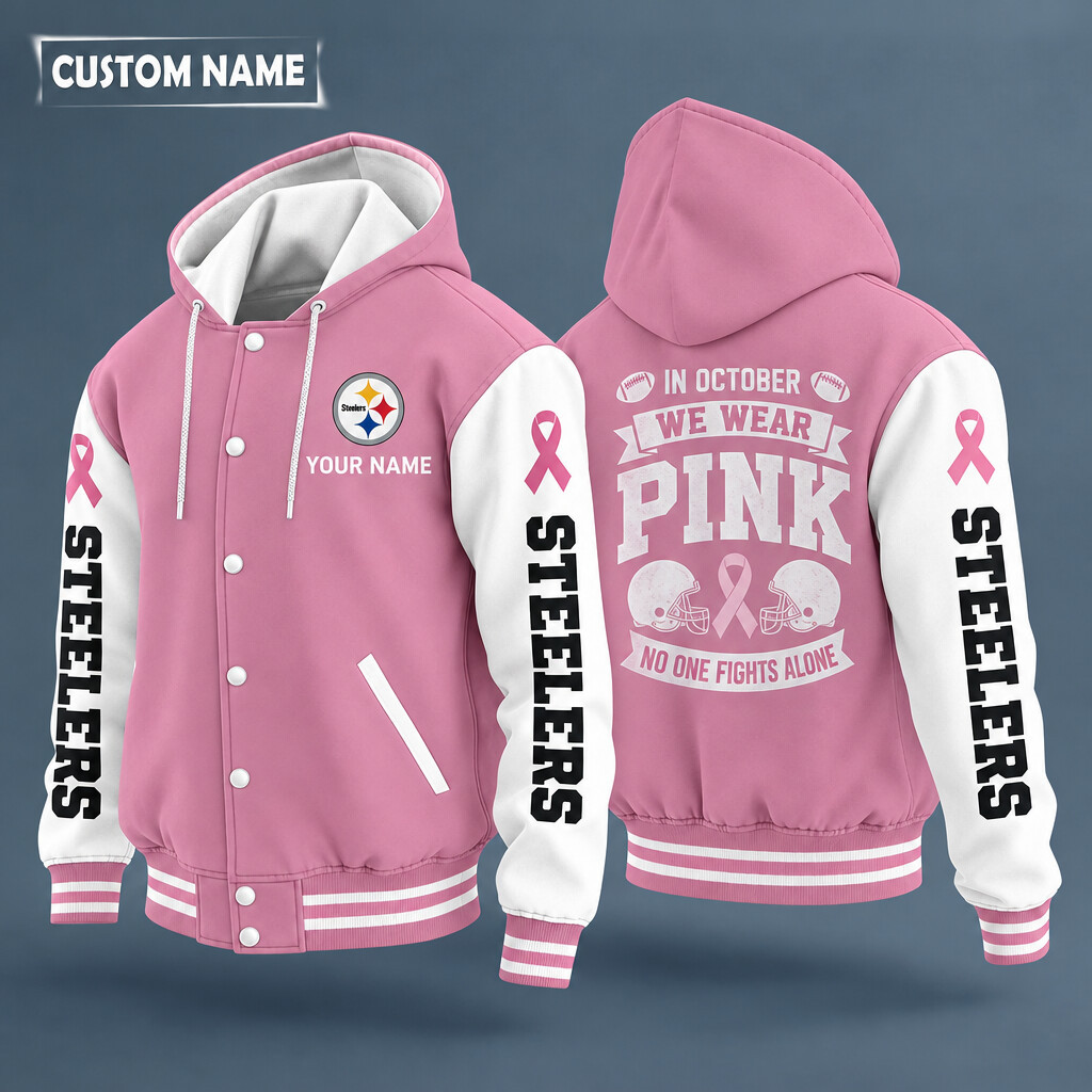 Pittsburgh Steelers Pink October No One Fights Alone Hooded Letterman Jacket Custom Name PL1Y7L