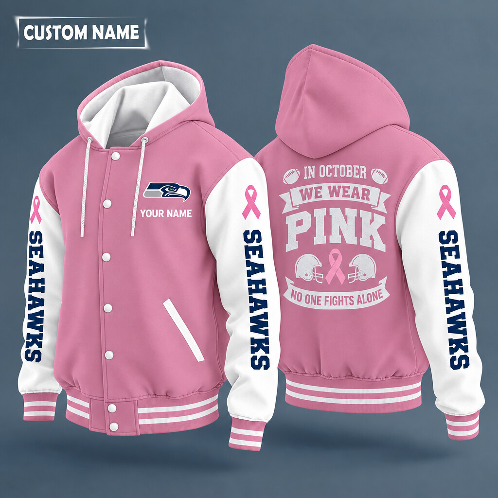 Seattle Seahawks Pink October No One Fights Alone Hooded Letterman Jacket Custom Name PXYXTX