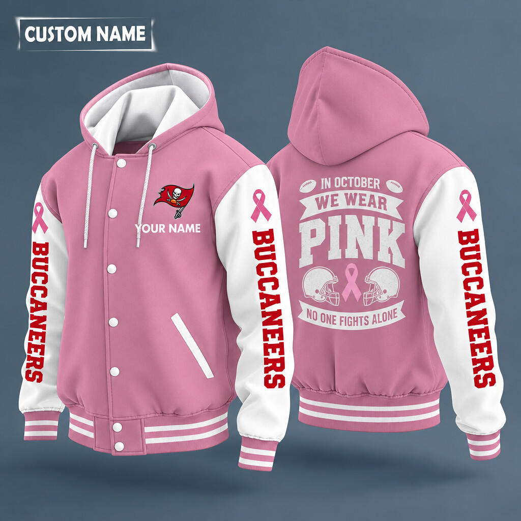 Tampa Bay Buccaneers Pink October No One Fights Alone Hooded Letterman Jacket Custom Name PVWKHC