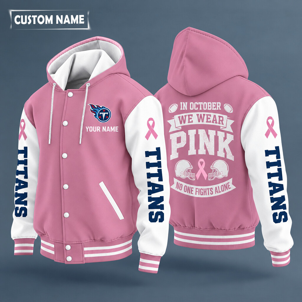 Tennessee Titans Pink October No One Fights Alone Hooded Letterman Jacket Custom Name PJCL29