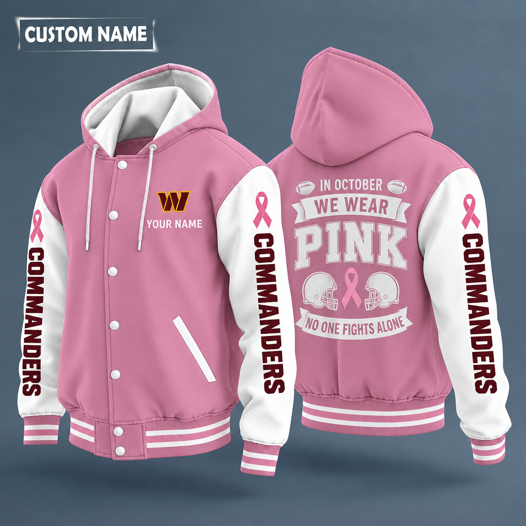 Washington Commanders Pink October No One Fights Alone Hooded Letterman Jacket Custom Name PR44PU