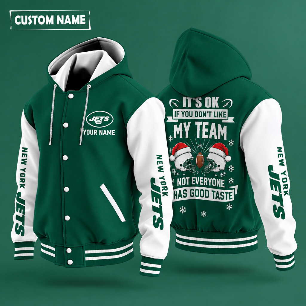 New York Jets It's OK If You Don't Like My Team Christmas Hooded Letterman Jacket Custom Name P7YU0E