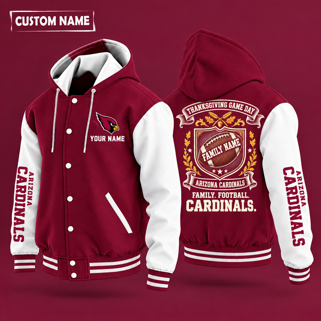 Arizona Cardinals Thanksgiving Game Day Family Hooded Letterman Jacket Custom Name PXYSUB