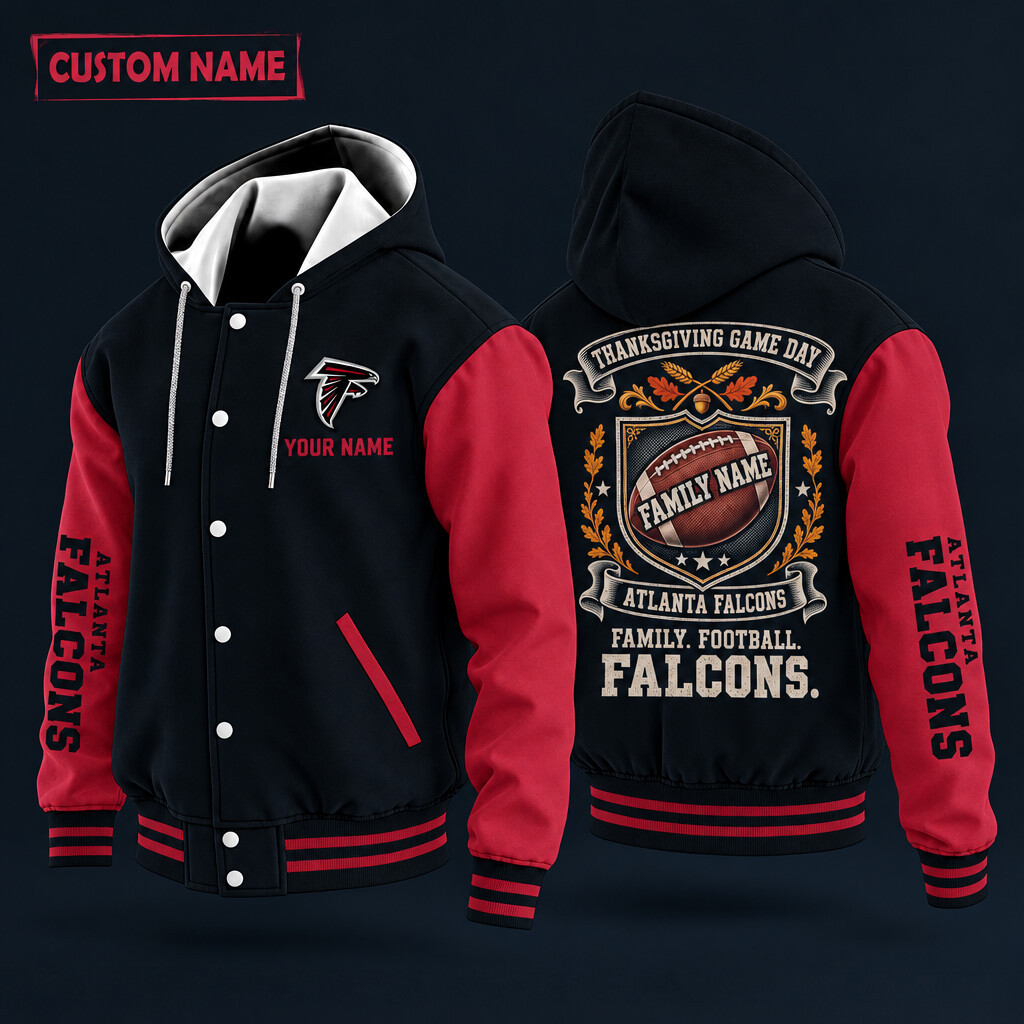 Atlanta Falcons Thanksgiving Game Day Family Hooded Letterman Jacket Custom Name POAHXS