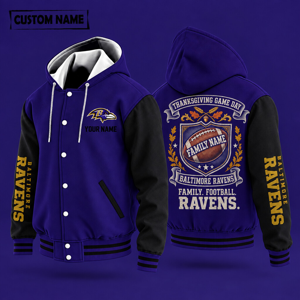 Baltimore Ravens Thanksgiving Game Day Family Hooded Letterman Jacket Custom Name P2YK1S