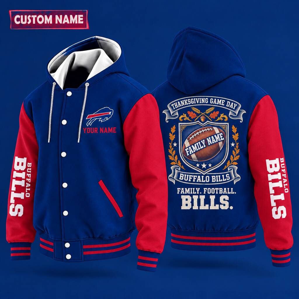 Buffalo Bills Thanksgiving Game Day Family Hooded Letterman Jacket Custom Name P10E7U