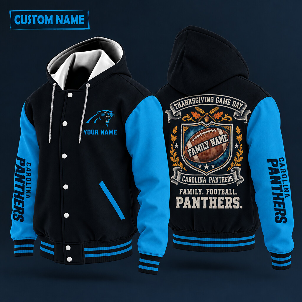 Carolina Panthers Thanksgiving Game Day Family Hooded Letterman Jacket Custom Name P2KIZL