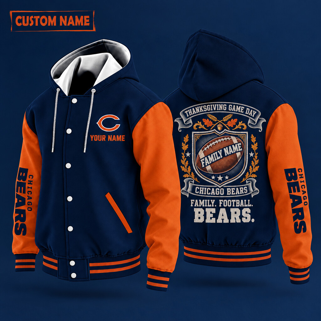 Chicago Bears Thanksgiving Game Day Family Hooded Letterman Jacket Custom Name PN3GLL
