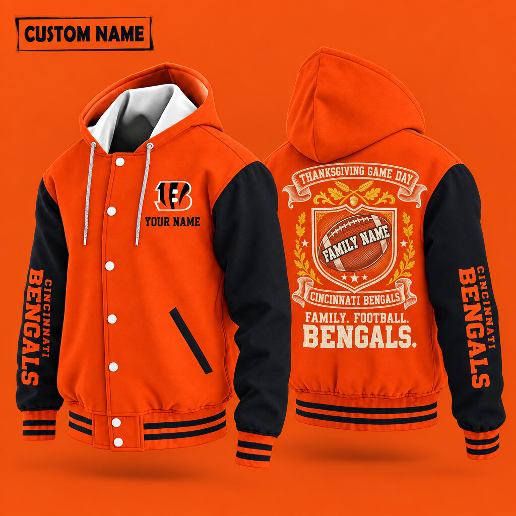 Cincinnati Bengals Thanksgiving Game Day Family Hooded Letterman Jacket Custom Name PPROIK