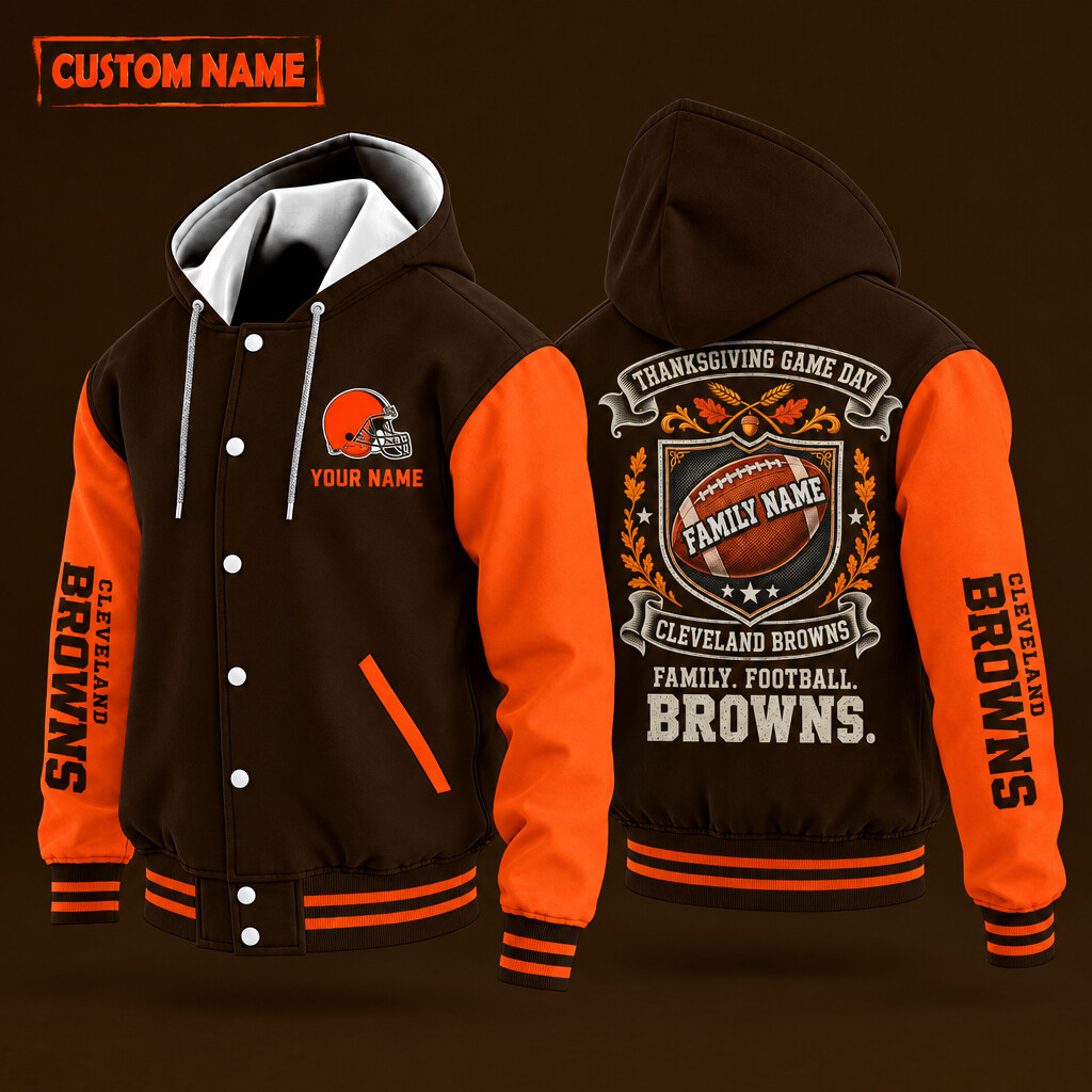Cleveland Browns Thanksgiving Game Day Family Hooded Letterman Jacket Custom Name PR0OS5