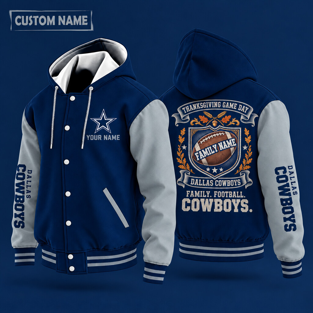 Dallas Cowboys Thanksgiving Game Day Family Hooded Letterman Jacket Custom Name PLZAG6