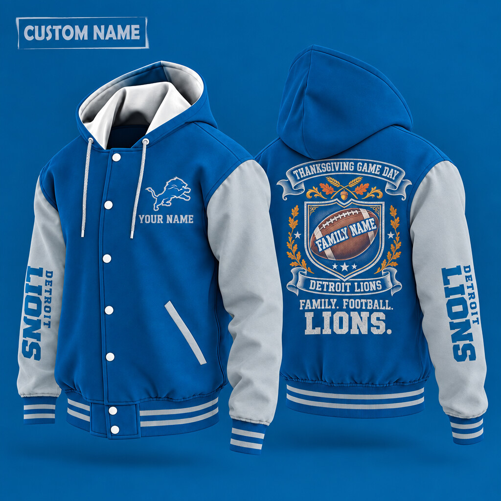 Detroit Lions Thanksgiving Game Day Family Hooded Letterman Jacket Custom Name PWU8SV
