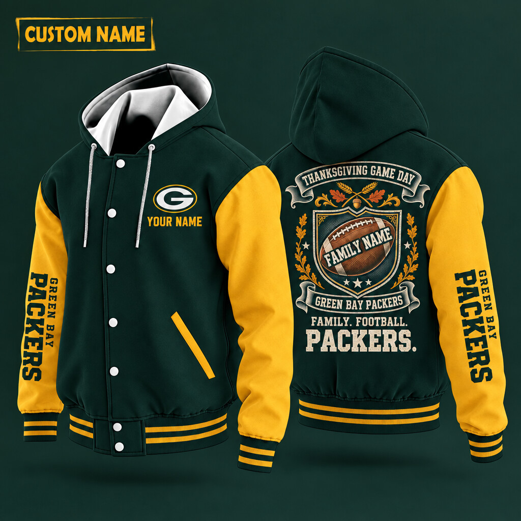 Green Bay Packers Thanksgiving Game Day Family Hooded Letterman Jacket Custom Name PGF7H3