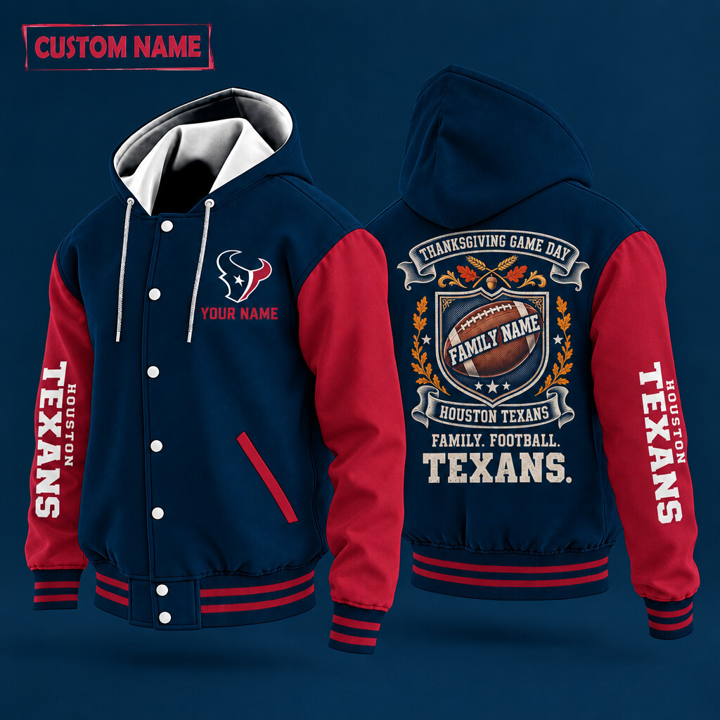 Houston Texans Thanksgiving Game Day Family Hooded Letterman Jacket Custom Name PSWVXZ