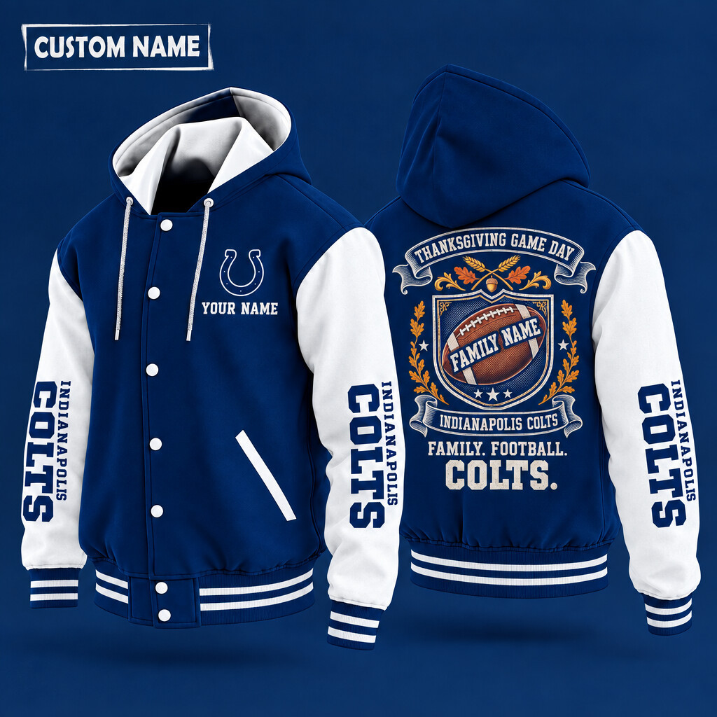 Indianapolis Colts Thanksgiving Game Day Family Hooded Letterman Jacket Custom Name P3ASVC