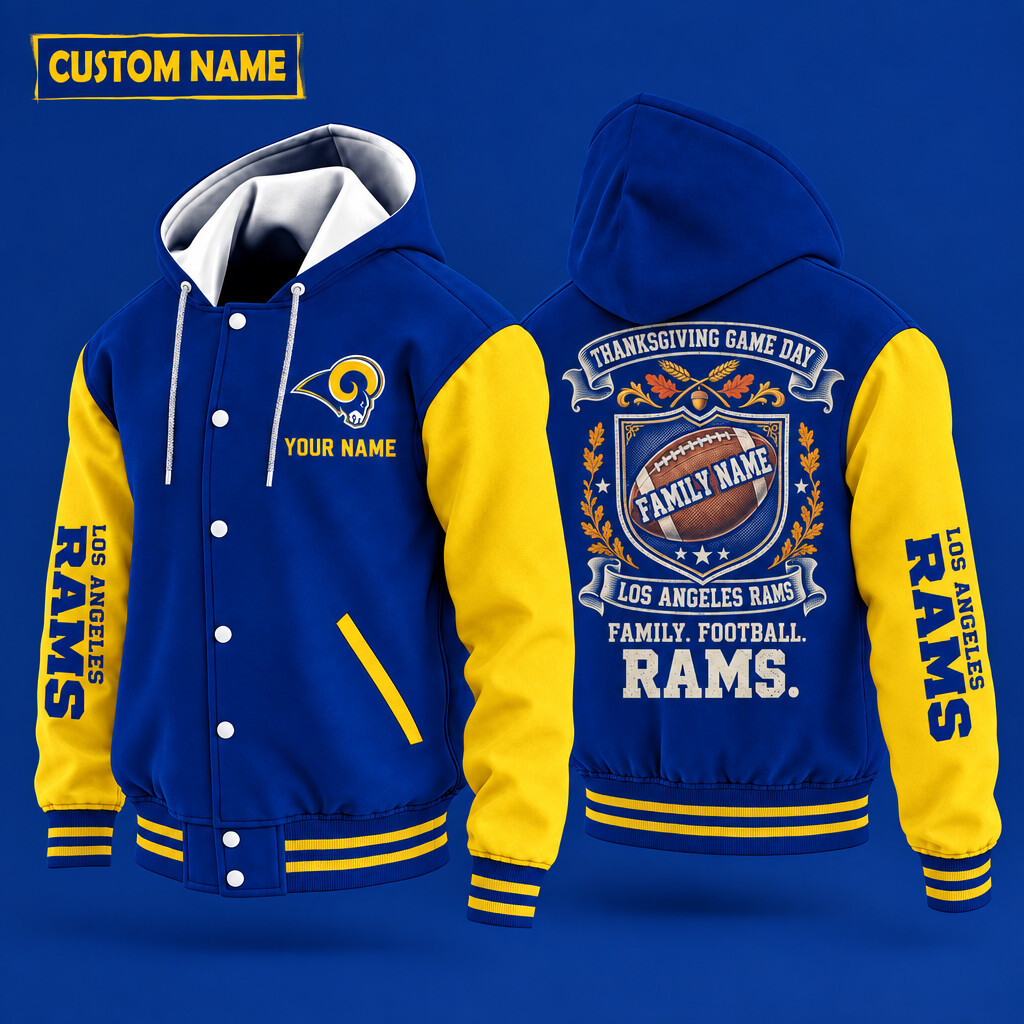 Los Angeles Rams Thanksgiving Game Day Family Hooded Letterman Jacket Custom Name PNB5PQ