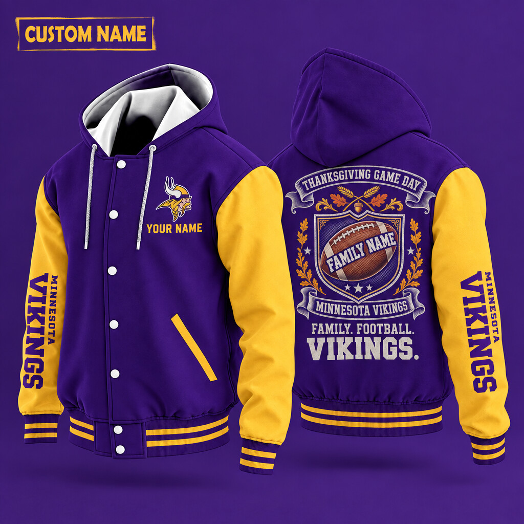 Minnesota Vikings Thanksgiving Game Day Family Hooded Letterman Jacket Custom Name PZKMB9