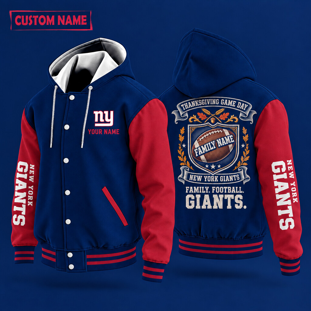 New York Giants Thanksgiving Game Day Family Hooded Letterman Jacket Custom Name PKQ3BM