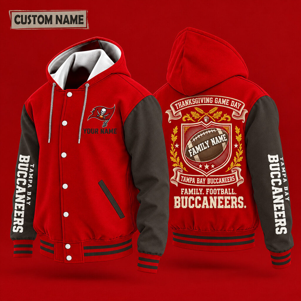 Tampa Bay Buccaneers Thanksgiving Game Day Family Hooded Letterman Jacket Custom Name P3QLB6