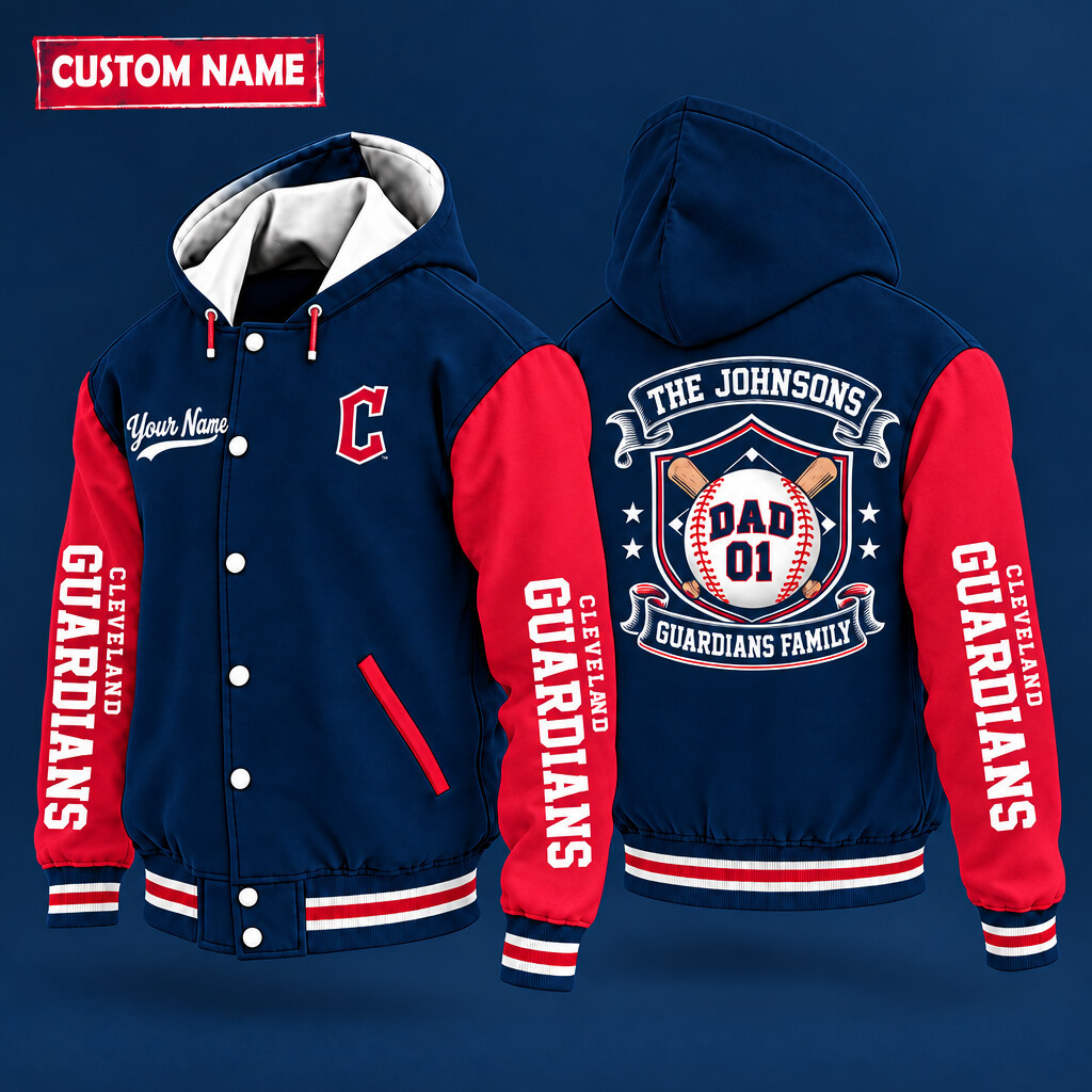 Cleveland Guardians Family Crew Hooded Letterman Jacket Custom Name Number PAPB5M