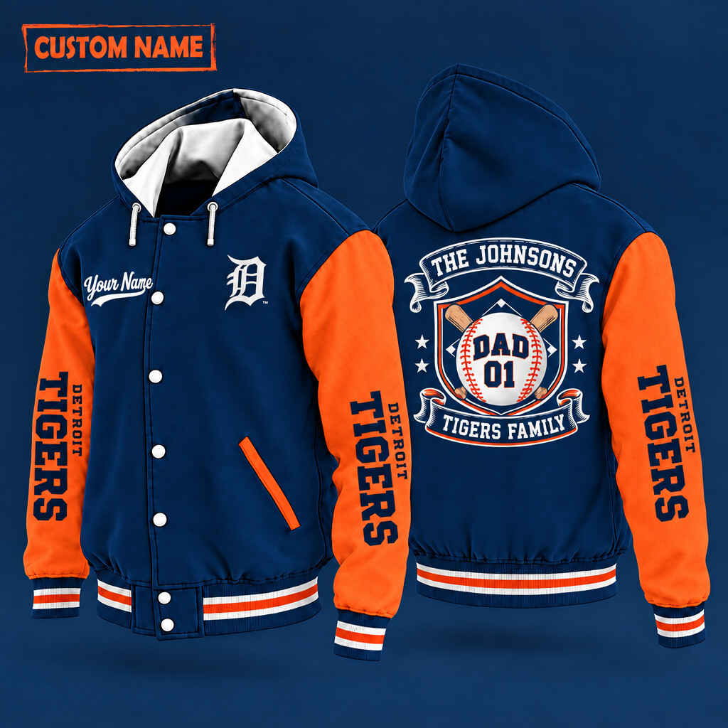 Detroit Tigers Family Crew Hooded Letterman Jacket Custom Name Number PJP1DW