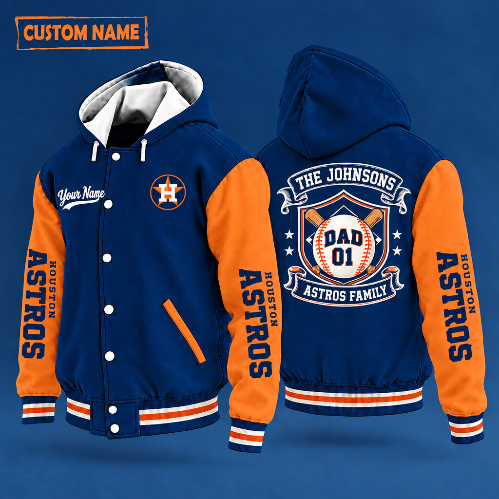 Houston Astros Family Crew Hooded Letterman Jacket Custom Name Number PLNAHJ