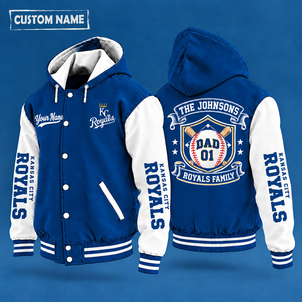 Kansas City Royals Family Crew Hooded Letterman Jacket Custom Name Number P4MTPX