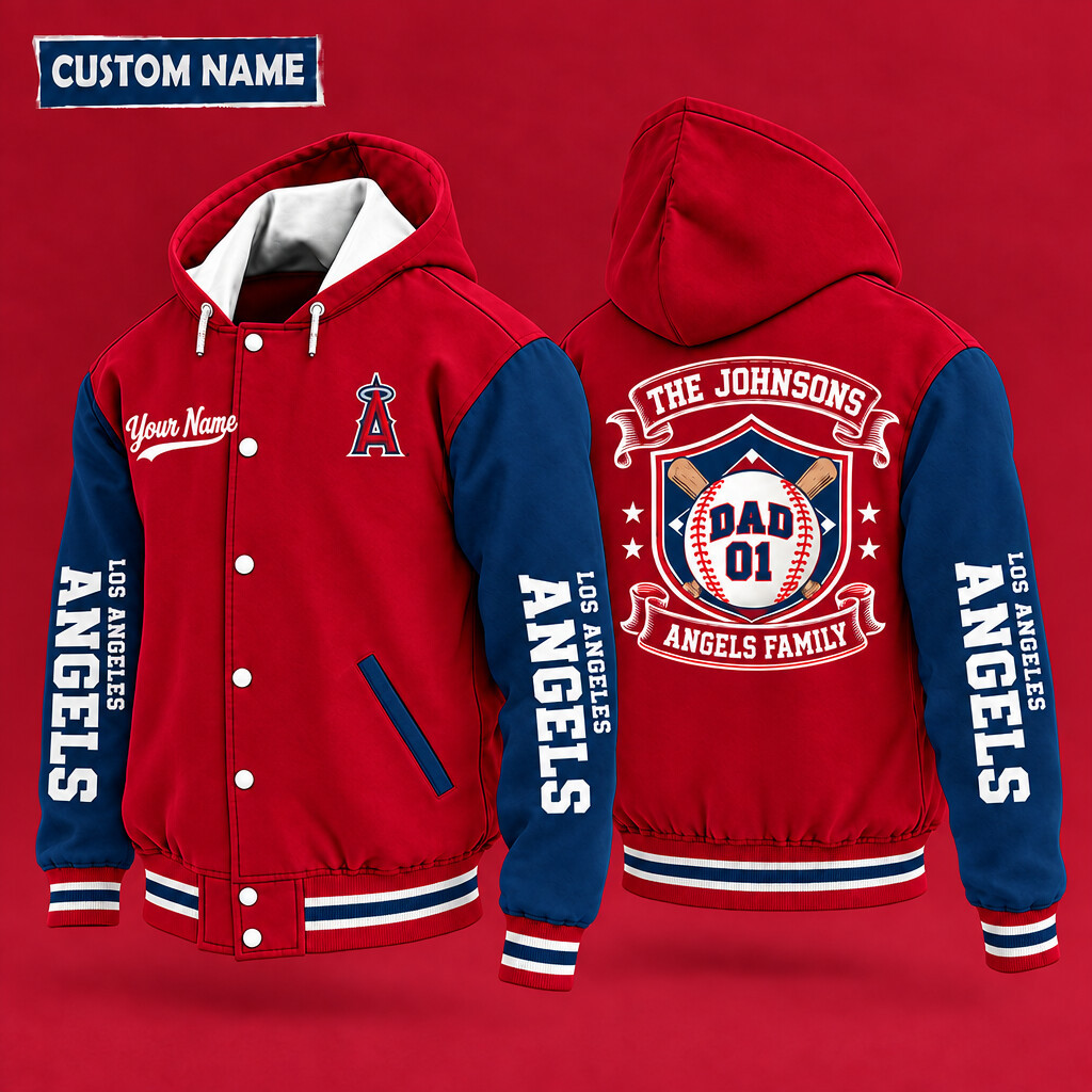 Los Angeles Angels Family Crew Hooded Letterman Jacket Custom Name Number PI8A64