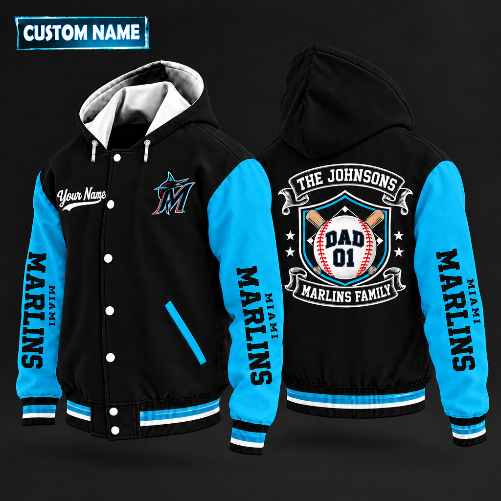 Miami Marlins Family Crew Hooded Letterman Jacket Custom Name Number PTO2U3